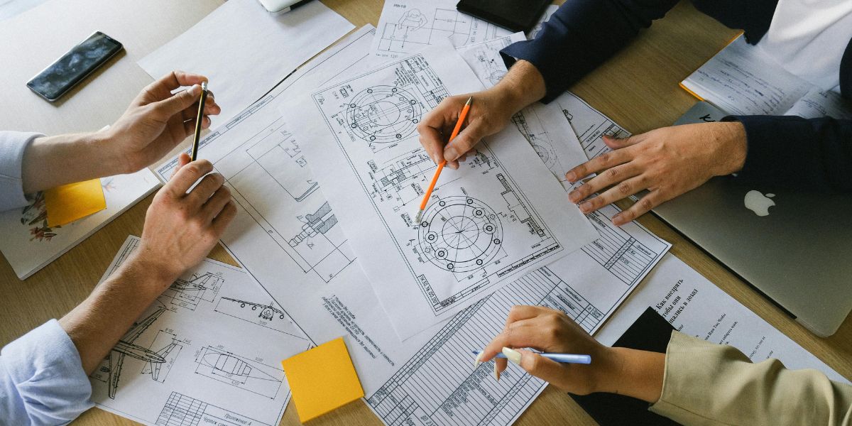A man holding architectural plans and a wooden block, standing in a room under construction with green drywall and dark accent walls