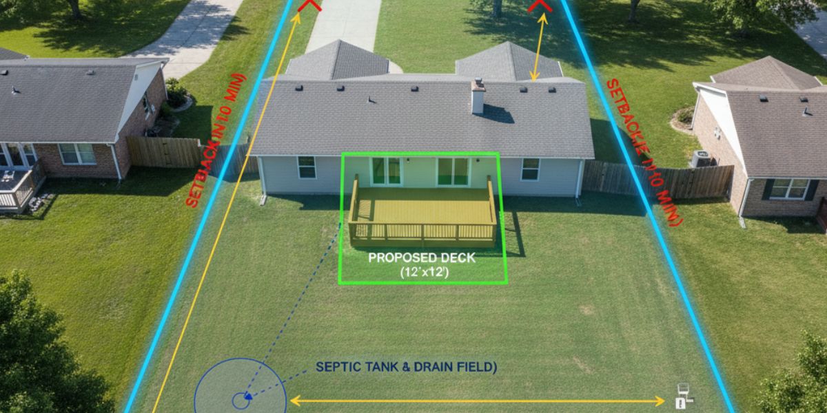 Aerial view of a site plan showing a proposed deck for a permit