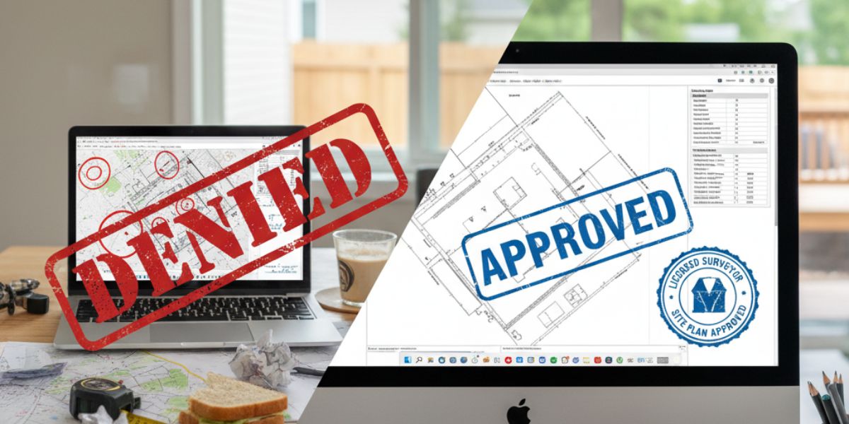 A split image contrasting a denied DIY attempt at creating a site plan with a professionally prepared and approved plan
