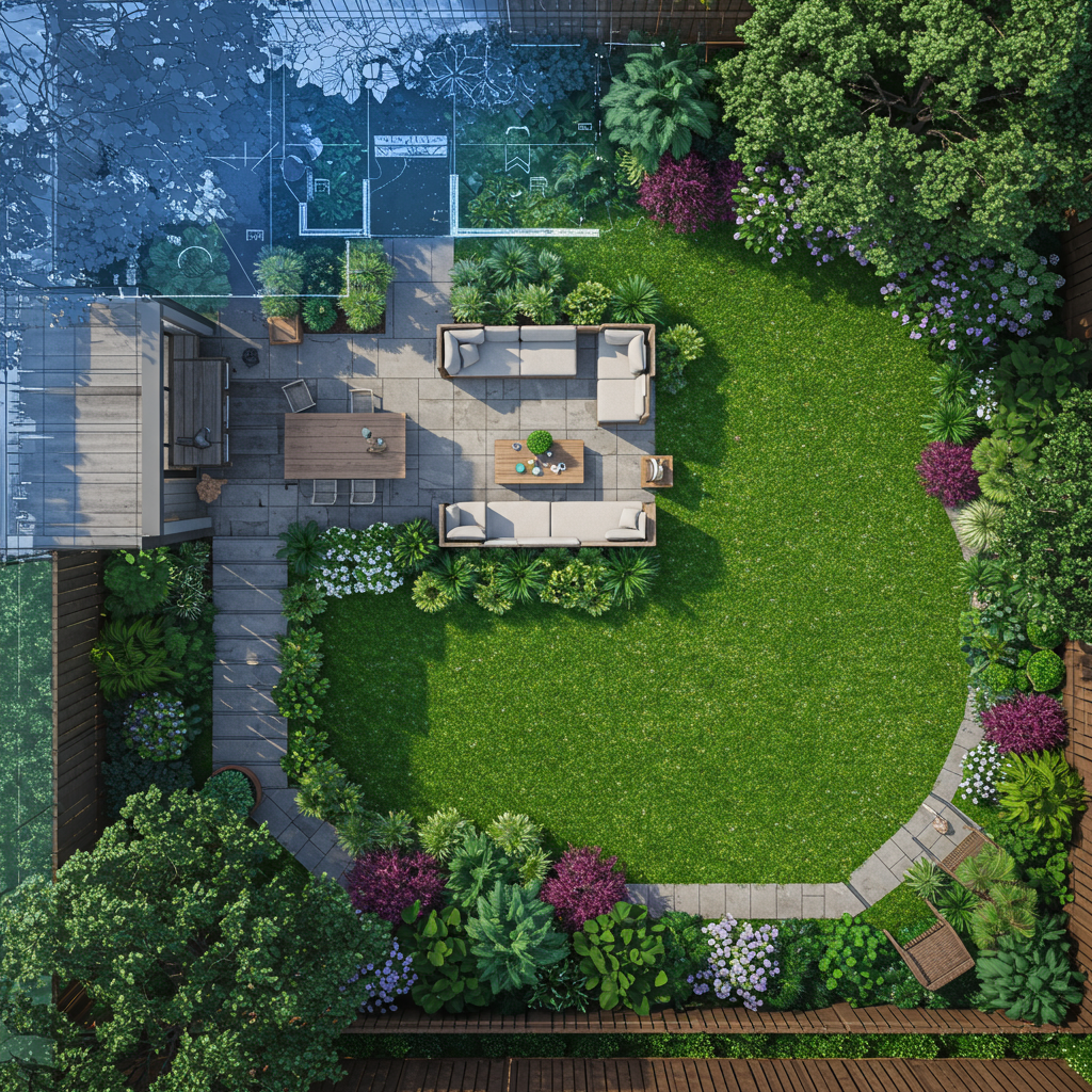 Architectural rendering of a modern residential backyard with a landscaping site plan overlay.