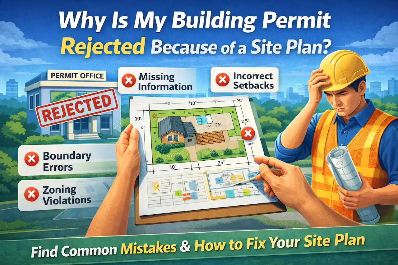 Building permit rejected because of site plan showing common errors like missing information and incorrect setbacks