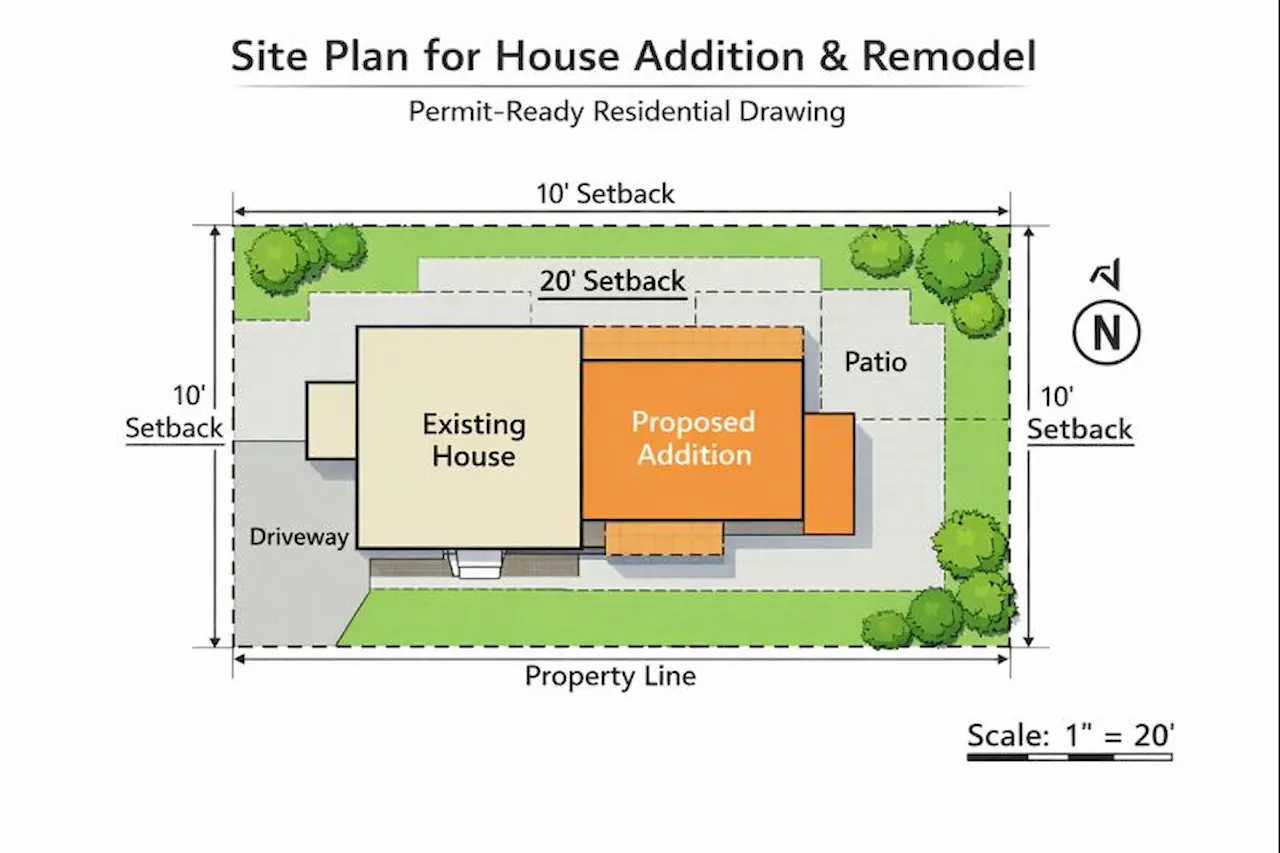 Site plan for house addition showing property lines, zoning setbacks, and existing and proposed structures