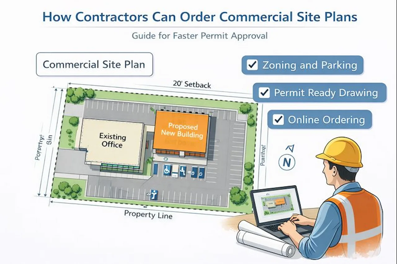 Commercial site plan showing building layout, parking, zoning setbacks, and permit-ready drawing for faster approval