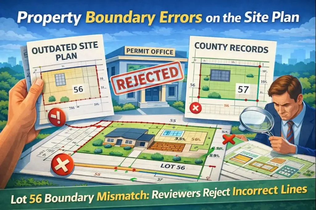 Property boundary errors on a site plan compared with county records causing permit rejection