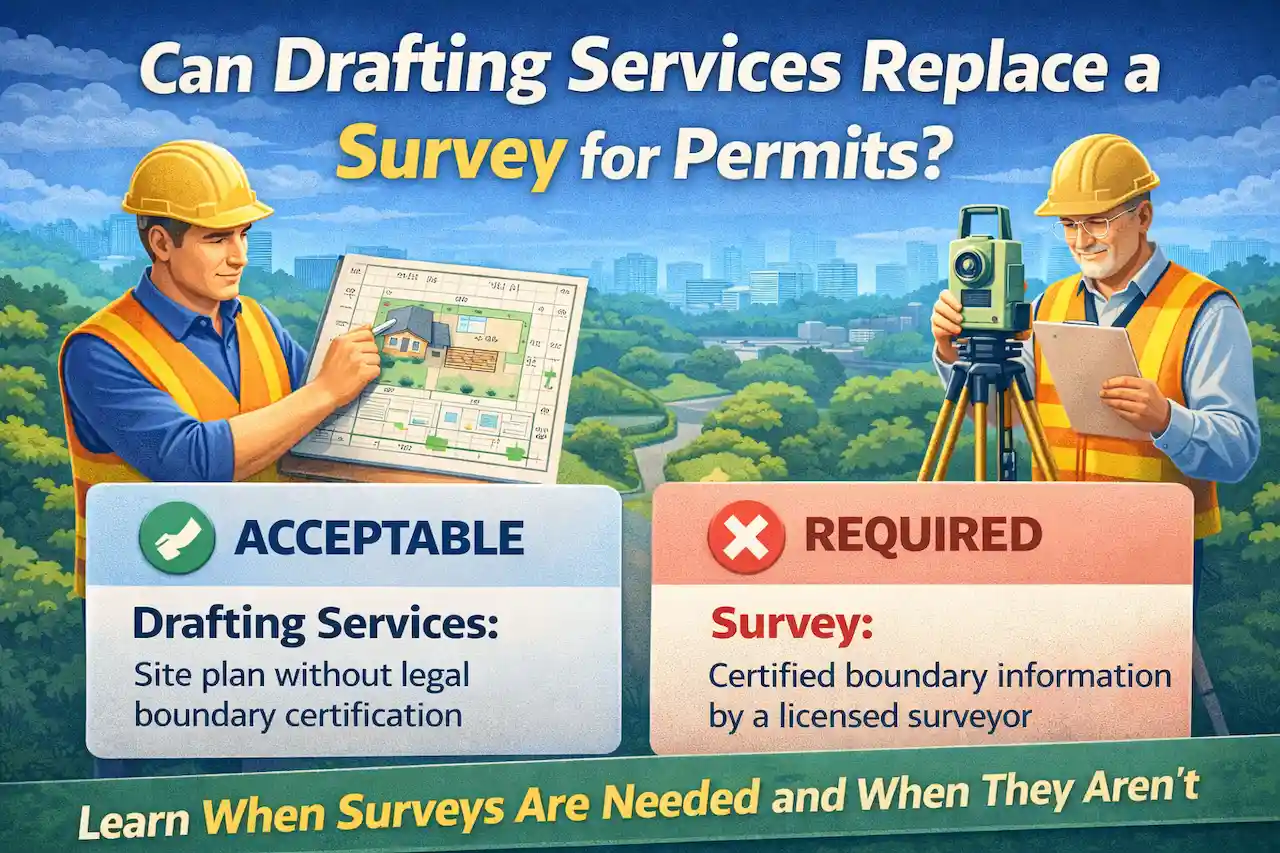 Can drafting services replace a survey for permits showing site plan drafting versus licensed survey requirements