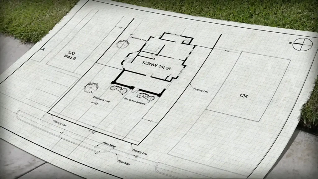 Blueprint of a residential property with layout details, property lines, and landscaping features.