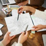 A group of professionals discussing a detailed architectural or construction plan in a cozy office setting.