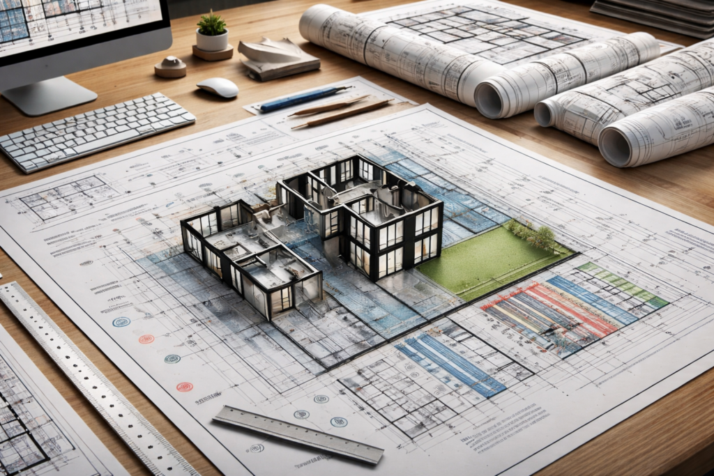 Architectural workspace showing a 3D house model placed on detailed site plans, surrounded by blueprints, drafting tools, and a computer displaying building drawings.