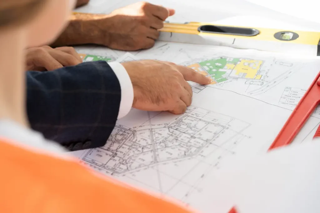Construction professionals reviewing architectural site plans with measuring level and drafting tools.