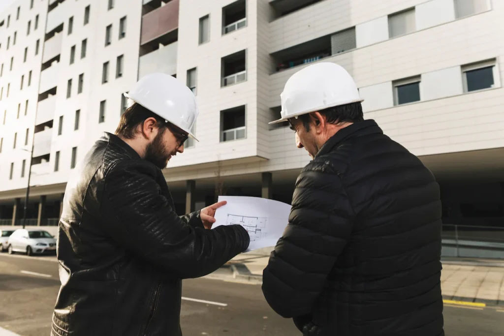 Two construction professionals wearing white hard hats reviewing architectural blueprints in front of a modern residential apartment building on an urban street.