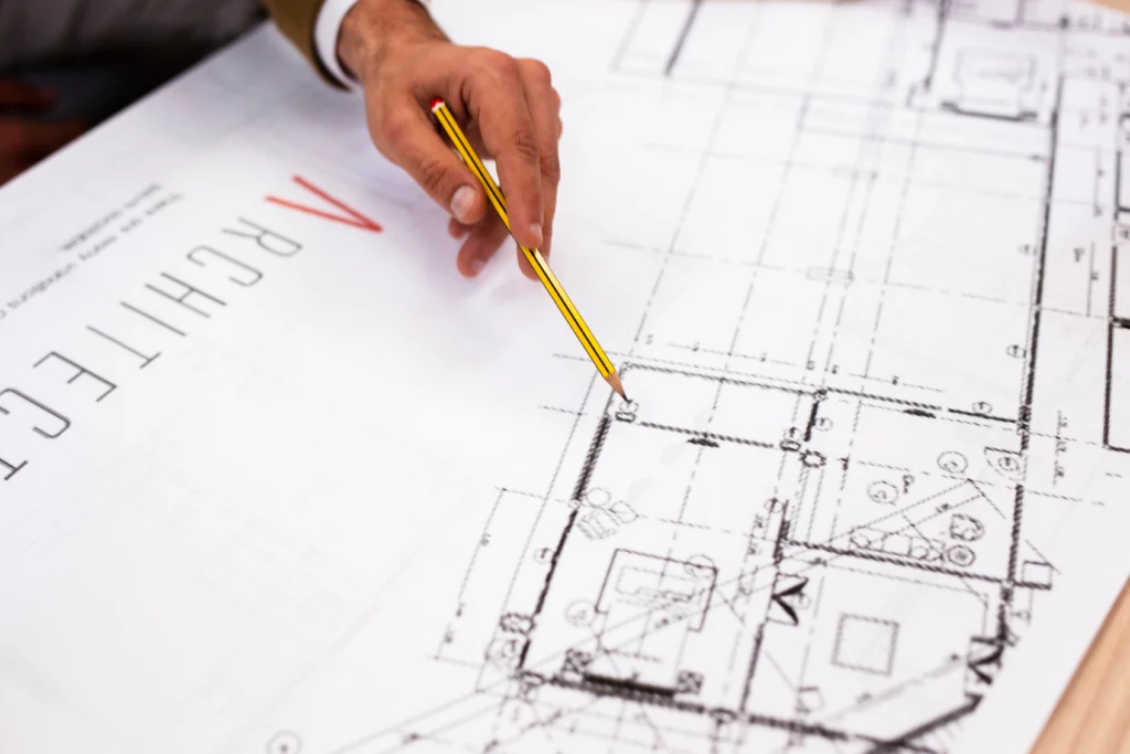 A list of professional drafting services for residential permit approval, including site plans, elevation drawings, floor plans, and 3D architectural renderings.