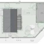 Residential permit-ready site plan showing property boundaries, existing structure footprint, driveway layout, landscaping elements, and labeled dimensions.