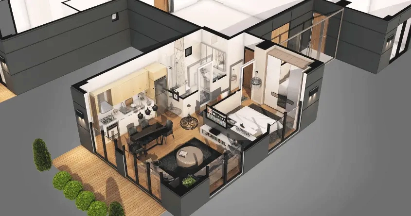 High-quality 3D residential floor plan rendering showing a fully furnished modern