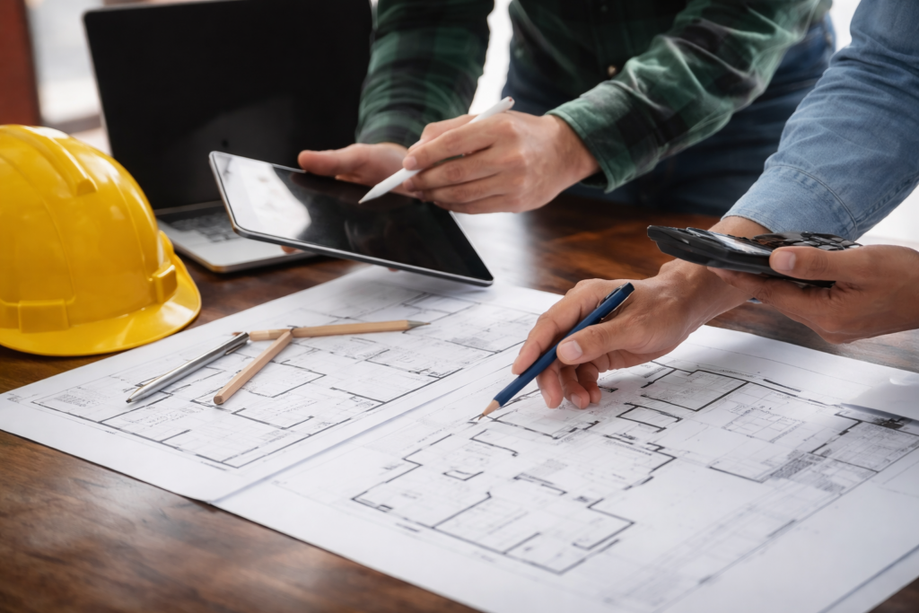 Architects reviewing building floor plans with tablet, calculator, and construction helmet during project planning