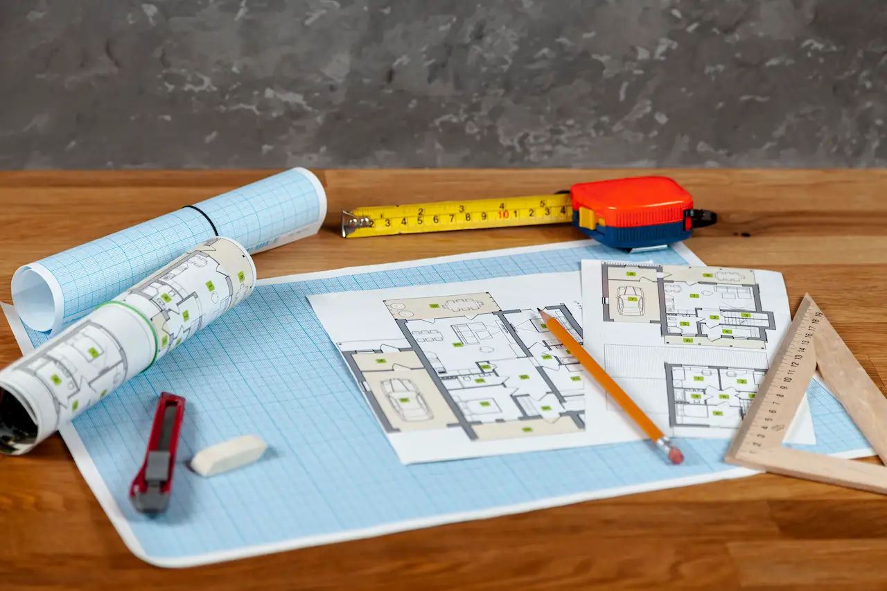 Architectural site plan online drawings with measuring tape, ruler, and drafting tools used for residential building permit planning