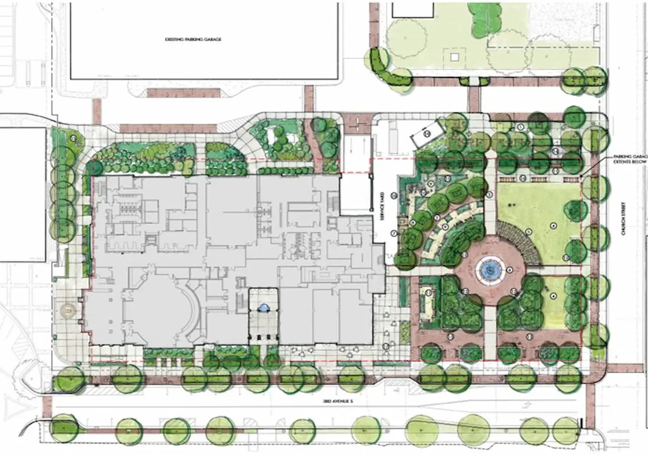 Site plan layout showing building footprint, landscaped gardens, walkways, trees, plaza fountain, and surrounding streets in an urban development design