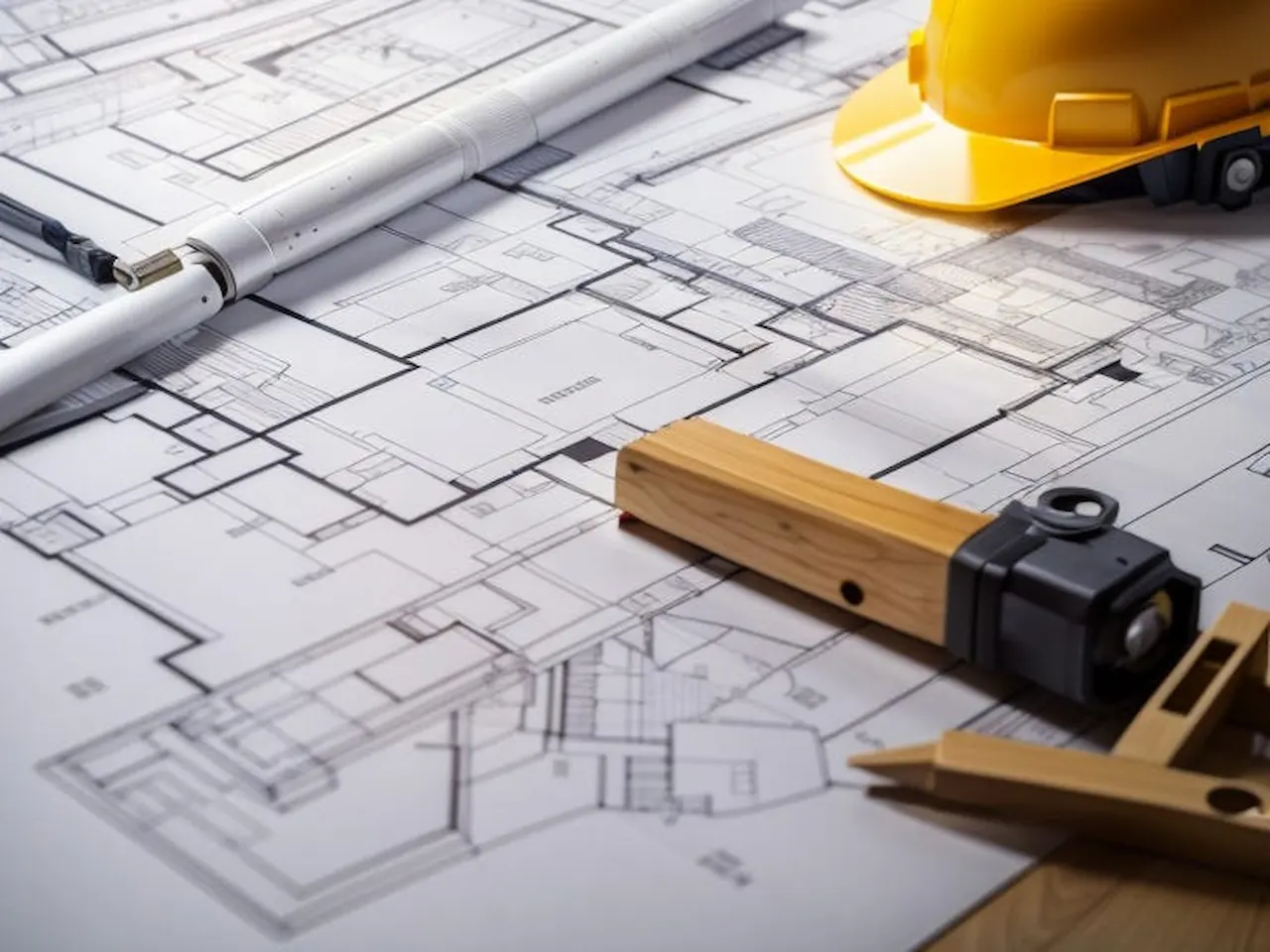 Architectural blueprint with surveying tools, measuring equipment, and construction safety helmet on building floor plan