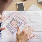 Person reviewing a construction site plan with detailed measurements and architectural layout on a desk.