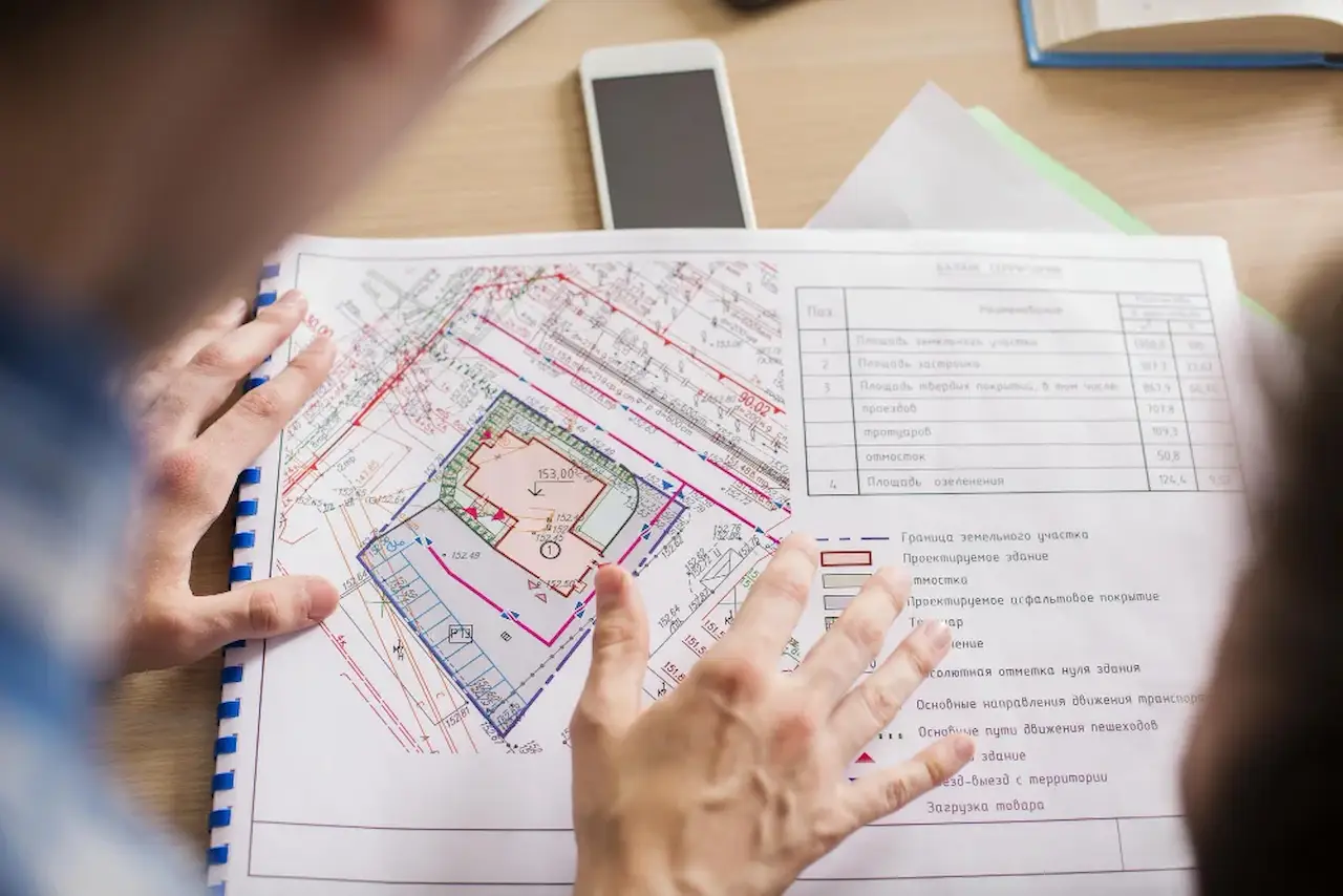Person reviewing a construction site plan with detailed measurements and architectural layout on a desk.