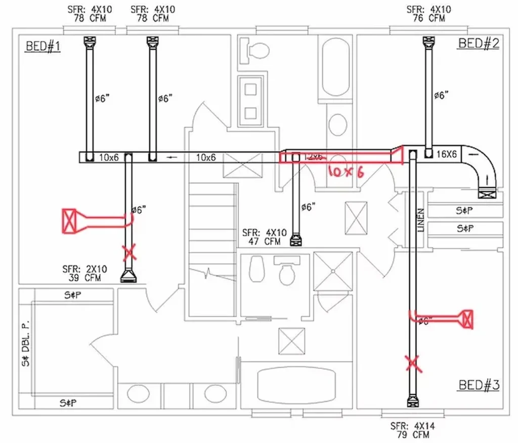 HVAC ductwork layout plan for a residential floor showing ventilation routes, airflow measurements, and room connections.