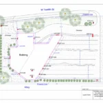 Site plan showing building layout, parking spaces, driveway, and property boundaries for permit approval