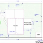 Residential site plan showing house, proposed structure, property lines, and dimensions for building permit approval