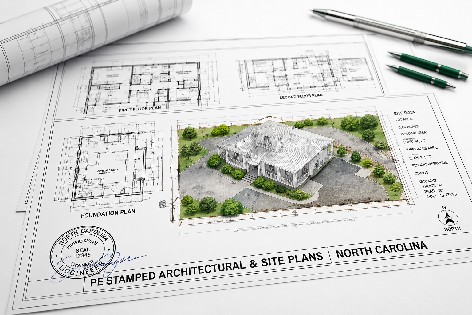 PE stamped architectural and site plans for a residential home in North Carolina showing foundation plan, floor plans, site layout, engineering seal, property details, and permit-ready construction drawings.