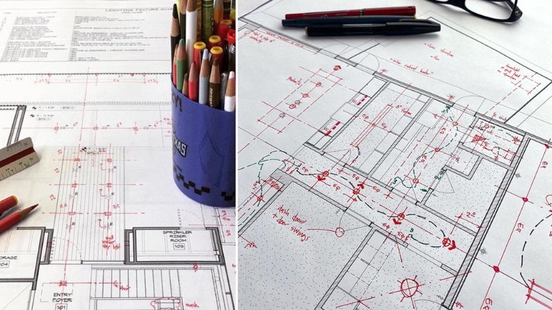 architectural drawing with redline markups showing corrections and review comments