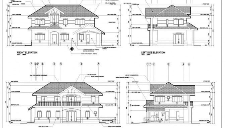 elevation drawing showing exterior view of building with doors windows and facade details
