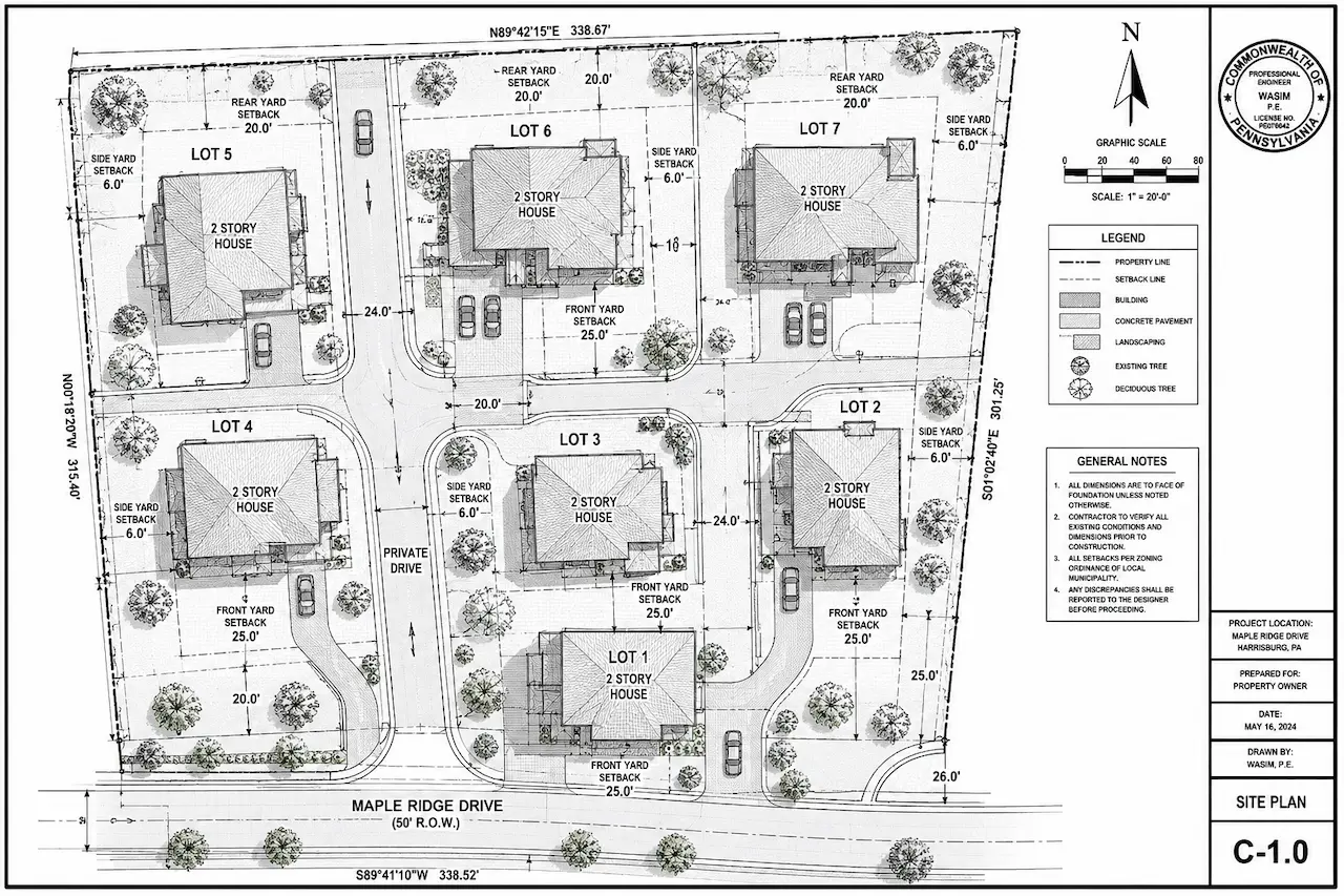 Residential site plan layout for building permit and property development approval