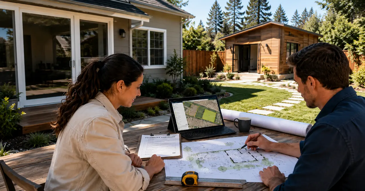 Homeowner and engineer reviewing an ADU feasibility study site plan for a backyard accessory dwelling unit.