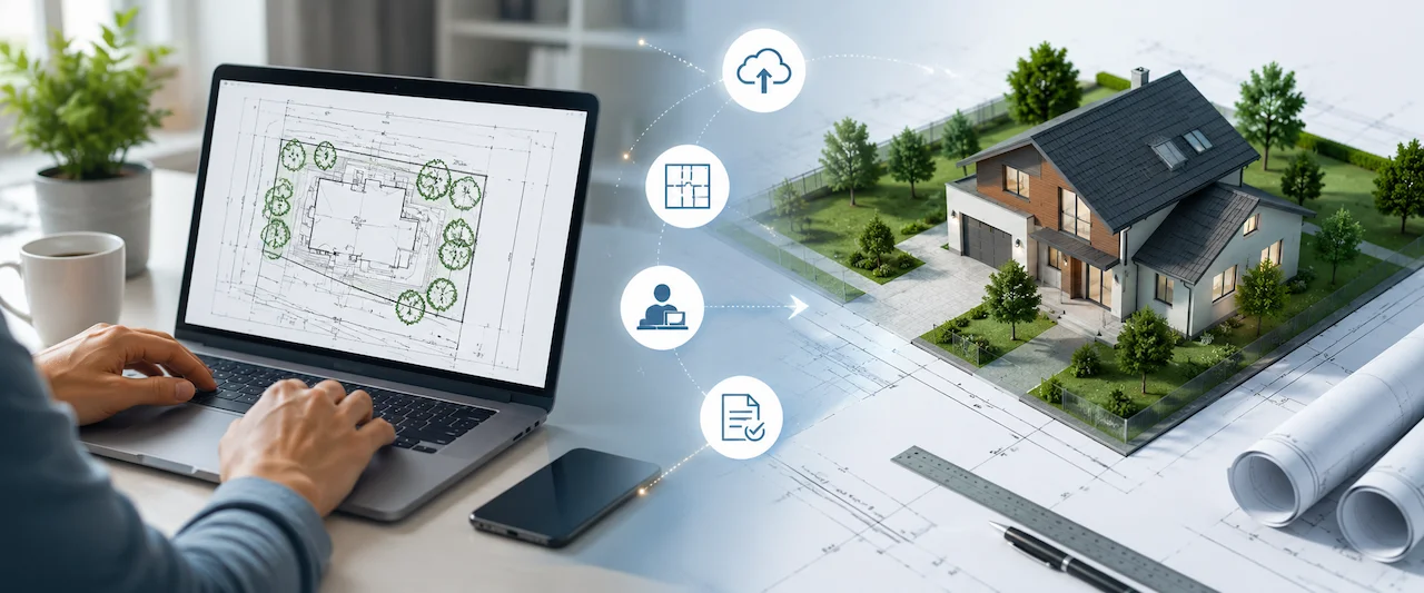 Person using a laptop to create a digital site plan online beside a realistic 3D home model displayed on architectural blueprints with modern workflow icons.
