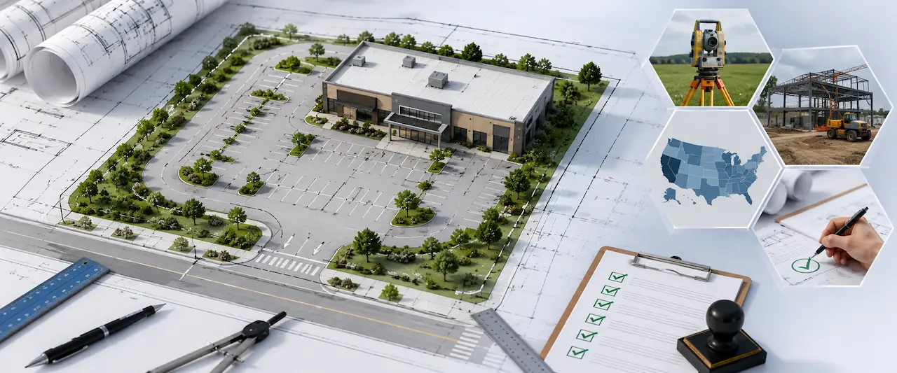 Commercial property site plan with a modern office building, parking layout, architectural blueprints, permit checklist, and construction planning tools.