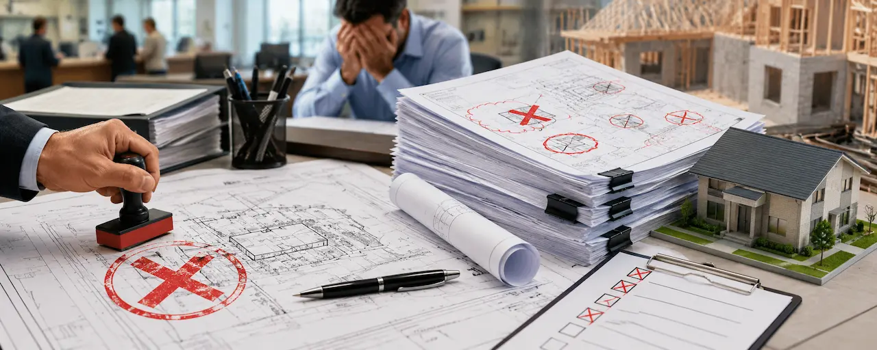 Alt Text: Rejected architectural site plans with marked corrections, permit review documents, red approval stamps, construction plans, and a frustrated applicant in an office setting.