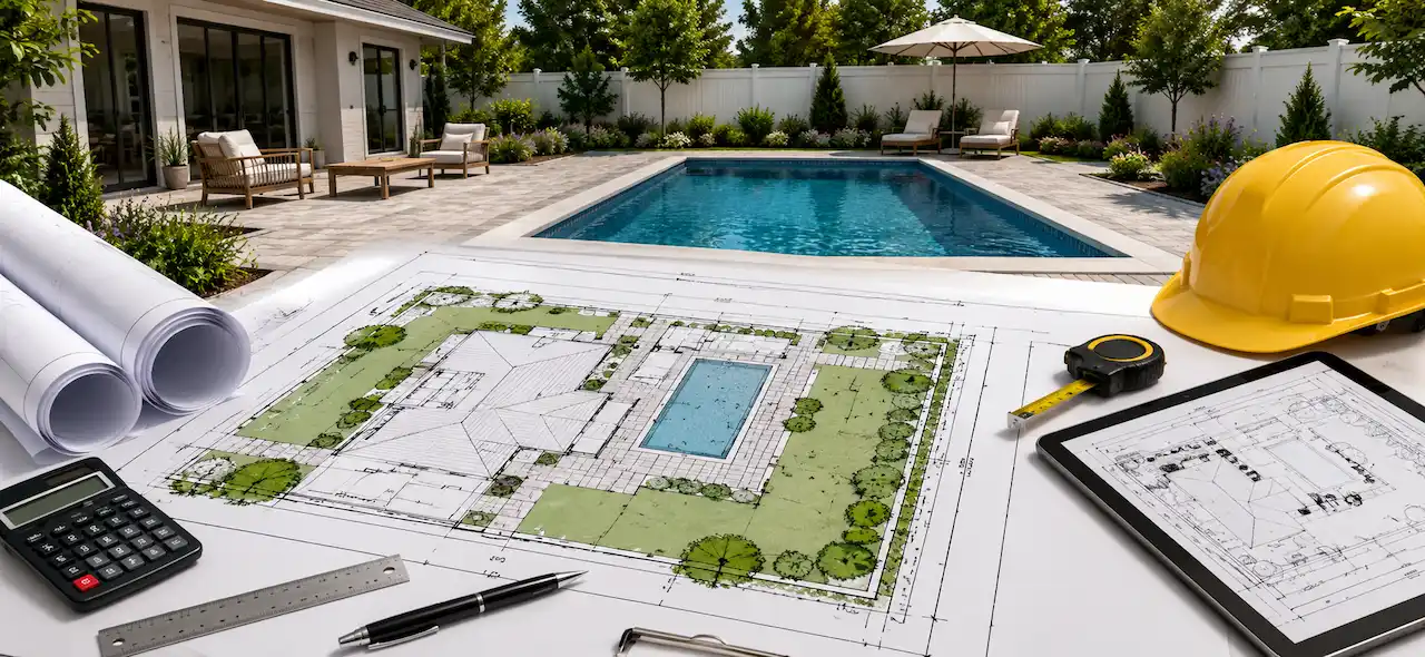Pool permit site plan showing a backyard swimming pool layout, residential property blueprint, construction tools, and outdoor landscaping design.