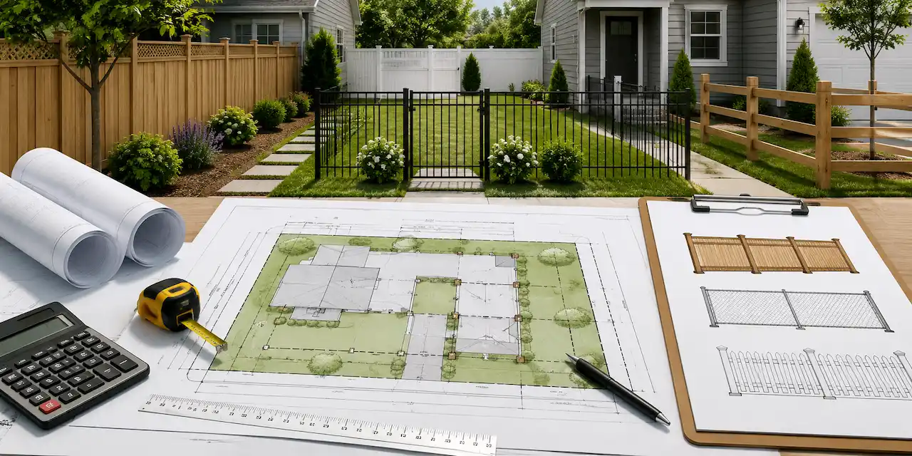 Fence permit site plan showing residential property boundaries, fence layouts, architectural drawings, and backyard fence design options.