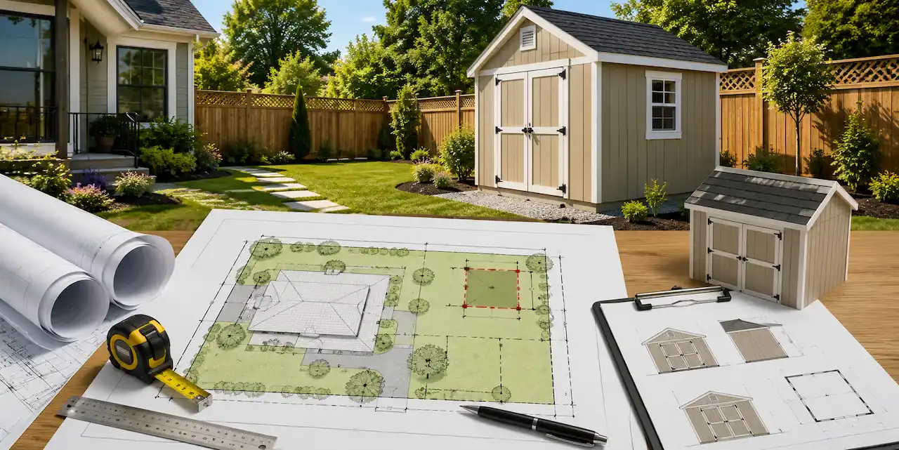 Shed permit site plan showing a backyard storage shed layout, residential property blueprint, setback measurements, and permit planning tools.