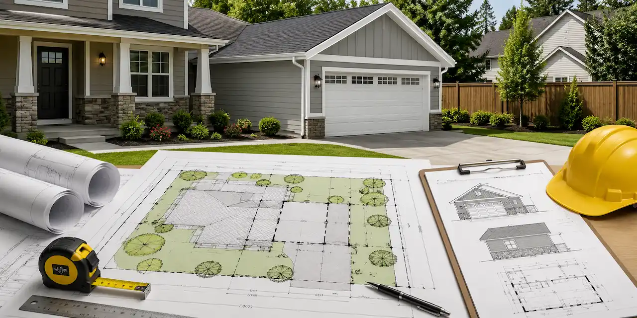 Garage addition site plan showing residential property layout, proposed attached garage expansion, architectural drawings, and permit planning tools.