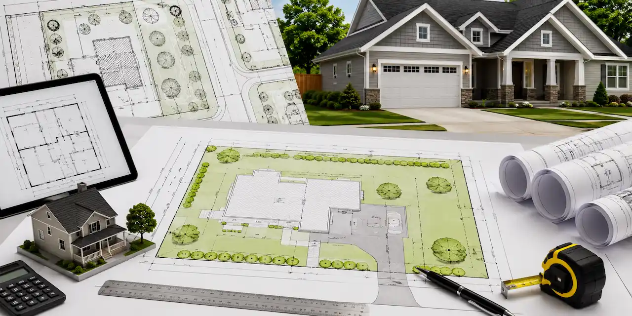 Residential site plan example showing property layout, house footprint, driveway, landscaping, architectural drawings, and construction planning tools.