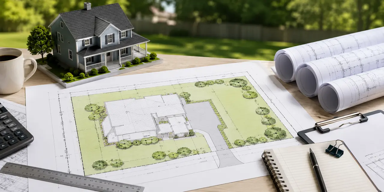 Affordable residential site plan service workspace with property blueprints, architectural drafting tools, calculator, and miniature home model.
