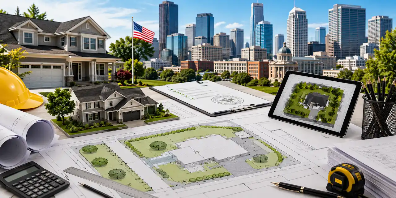 City-compliant site plan service workspace with residential property blueprints, permit documents, architectural tools, and urban skyline background.