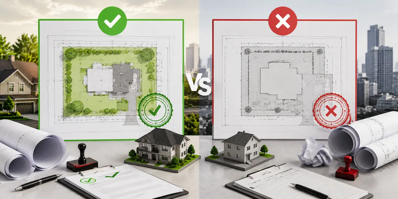 Comparison between certified and non-certified site plans showing approved permit drawings, rejected plans, architectural documents, and residential property models.