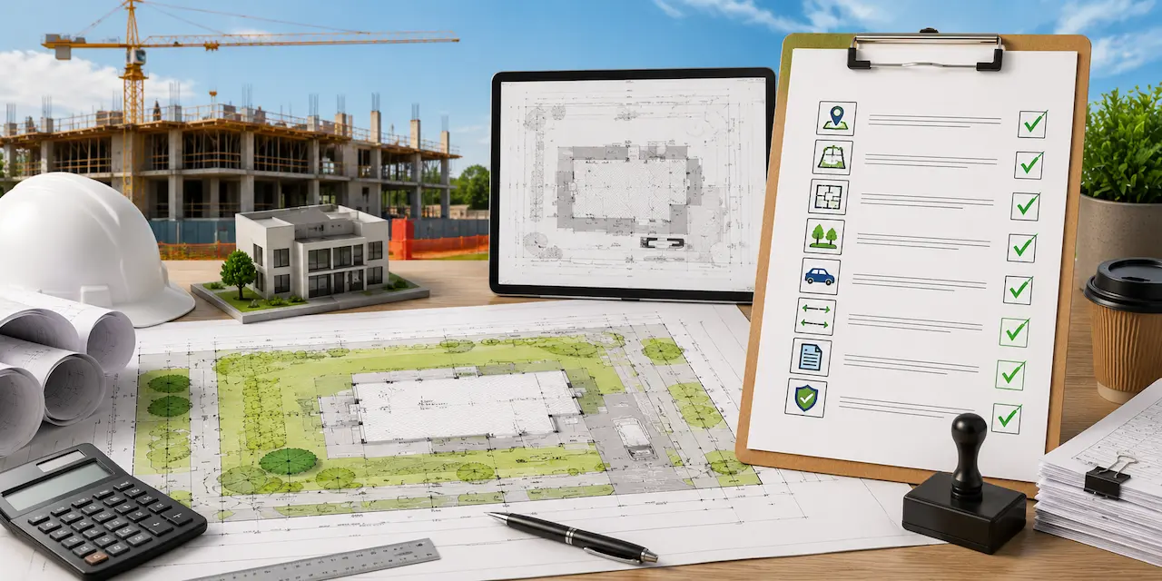 Construction site plan checklist with architectural blueprints, permit submission documents, construction site background, and planning tools.