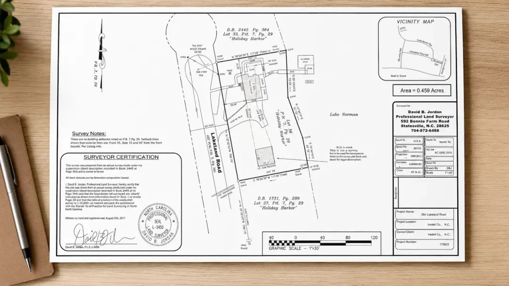 Residential property survey site plan showing lot boundaries, building location, vicinity map, survey notes, and certification details on a desk.