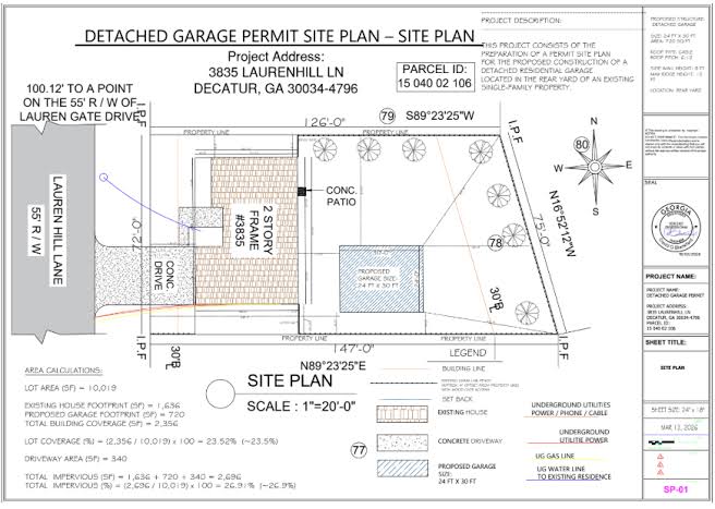 Detached garage permit site plan for residential property in Decatur, GA showing proposed 24' x 30' garage placement, driveway access, property lines, setbacks, dimensions, utilities, north compass, and lot layout.