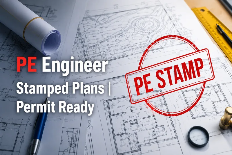 PE engineer stamped permit-ready construction plans with architectural blueprints, engineering drawings, site plans, drafting tools, and official PE stamp approval for residential permit submission.