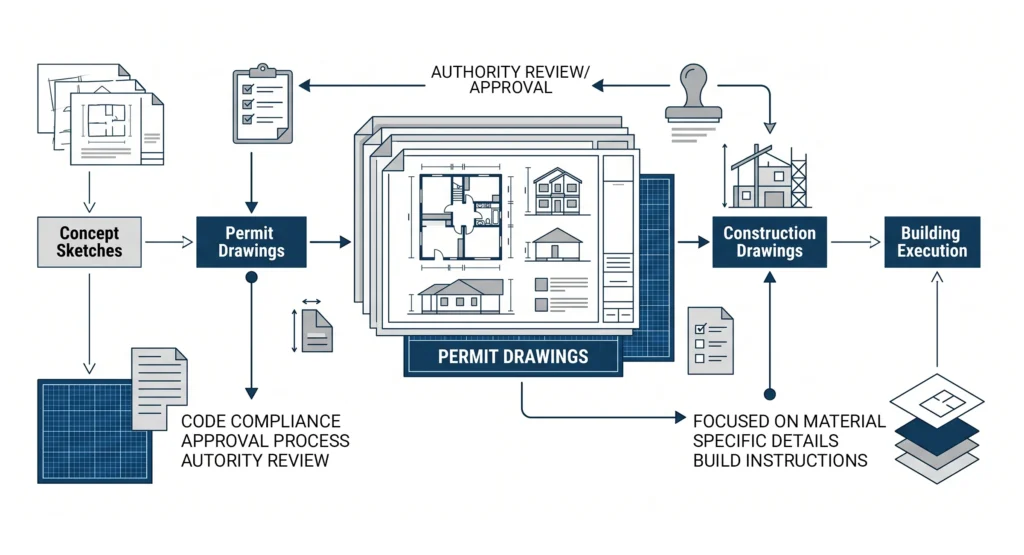 Workflow of a full Florida permit drawing set showing concept sketches, permit drawings, architectural, structural and MEP plans, authority approval, and construction documents.