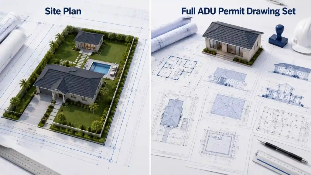 Comparison of a Florida ADU site plan and a full ADU permit drawing set with architectural plans and 3D property views.