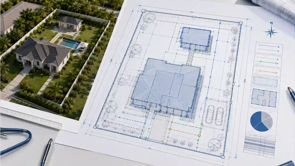 Florida ADU site plan showing property boundaries, setbacks, utilities, parking, and a detached ADU.