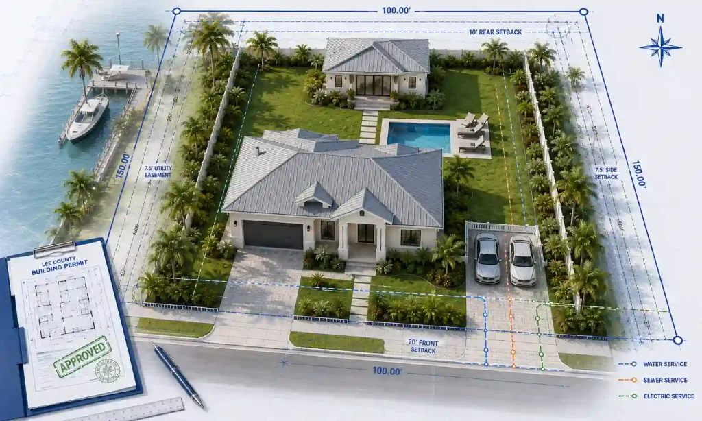 Lee County permit site plan showing aerial property view, survey boundaries, setbacks, utility easements, and a detached ADU layout.
